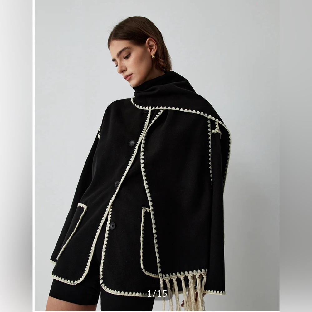 Commense NWT Contrast Trim Jacket With Matching Scarf in Black size Medium